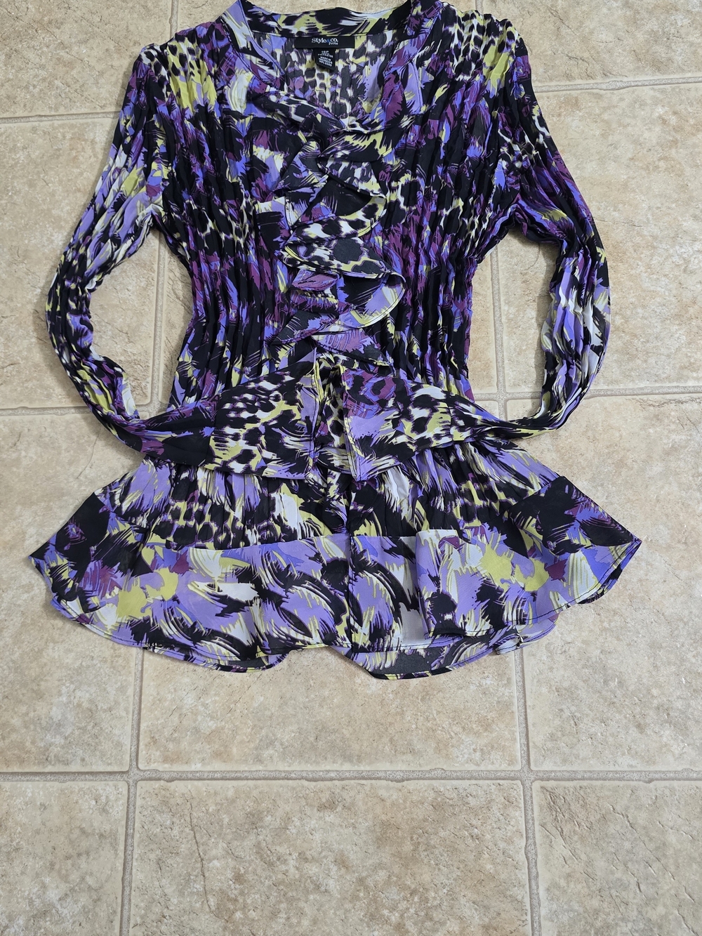 Style & Co. Purple, Black & Lime Ruffle Front Blouse